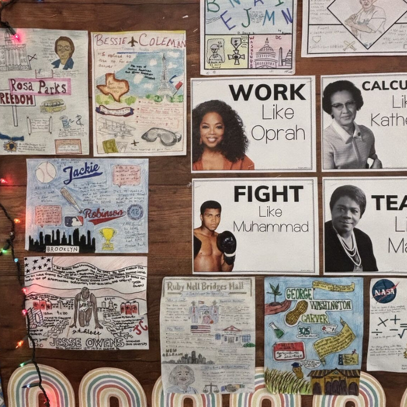 A collage of inspirational figures and their achievements, including Rosa Parks, Bessie Coleman, Jackie Robinson, Oprah Winfrey, Muhammad Ali, and Jesse Owens.