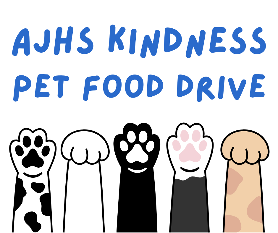AJHS Kindness Pet Food Drive event announcement with diverse cartoon paws.