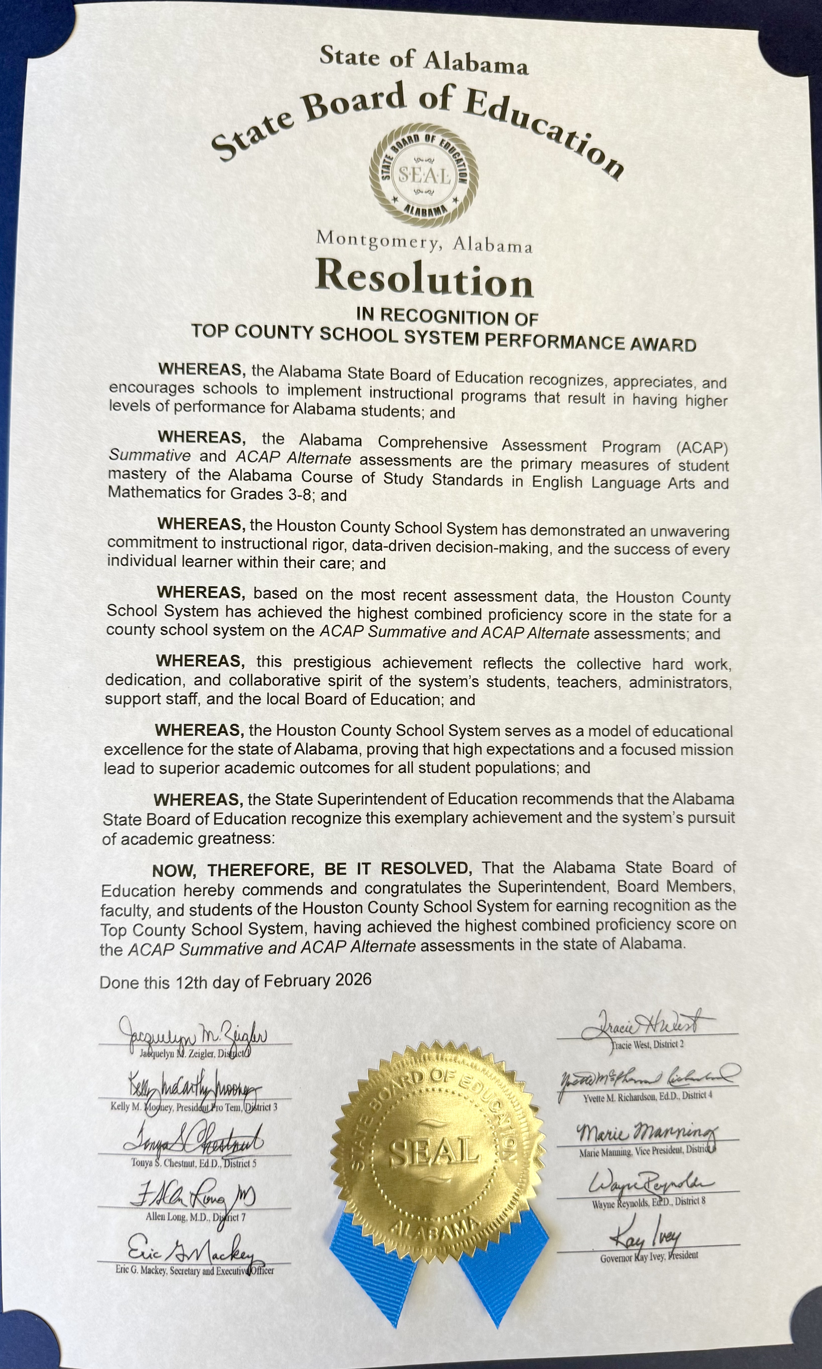 Official document from the State of Alabama State Board of Education recognizing the Houston County School System as the Top County School System.