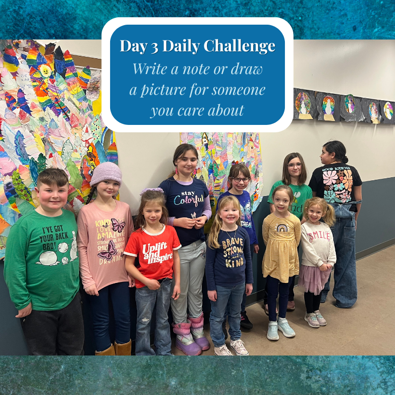A group of diverse children stand together in front of colorful artwork, participating in a daily challenge.