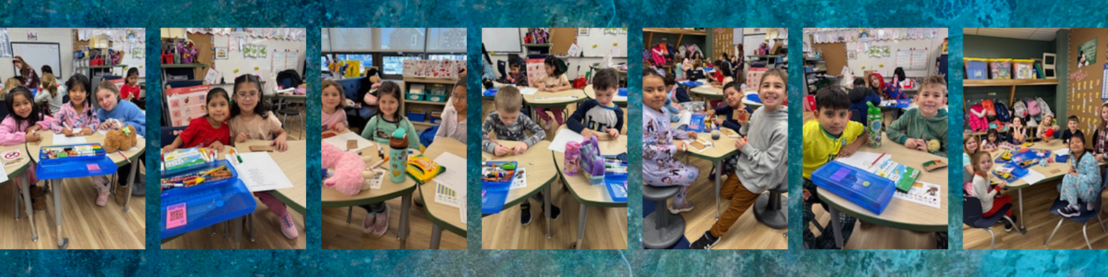 Children are engaged in learning activities at their desks in a classroom.