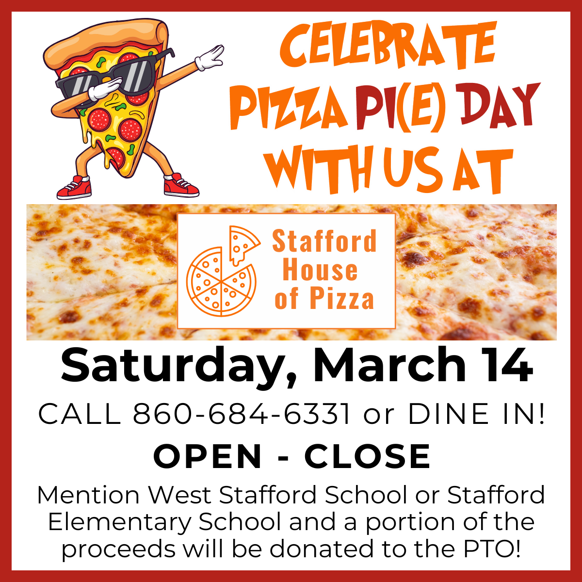 A graphic advertises Pizza Pi(e) Day at Stafford House of Pizza on Saturday, March 14.