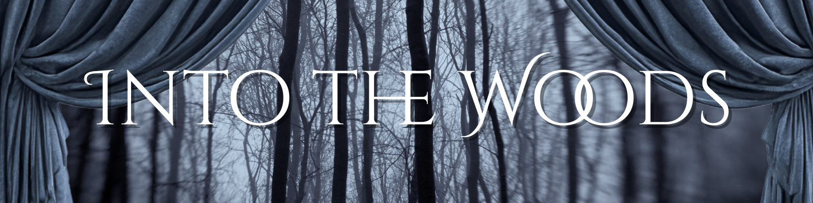 Dark blue velvet curtains frame a misty forest scene with the text 'INTO THE WOODS'.