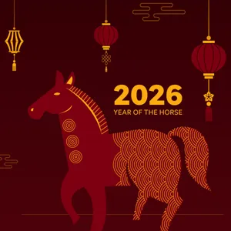 A stylized red horse with golden patterns stands against a dark red background, celebrating the Year of the Horse in 2026.