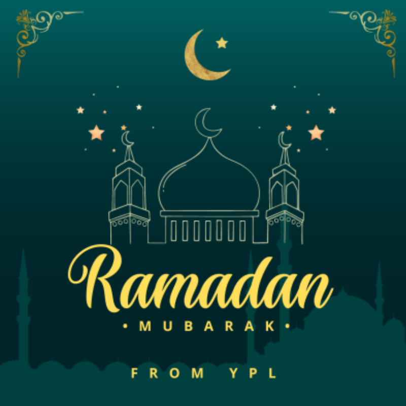 A graphic design wishing 'Ramadan Mubarak' with a mosque silhouette and crescent moon.