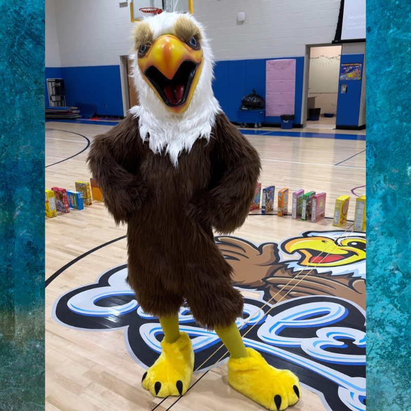 A mascot costume of a bald eagle stands on a basketball court with cereal boxes lined up.