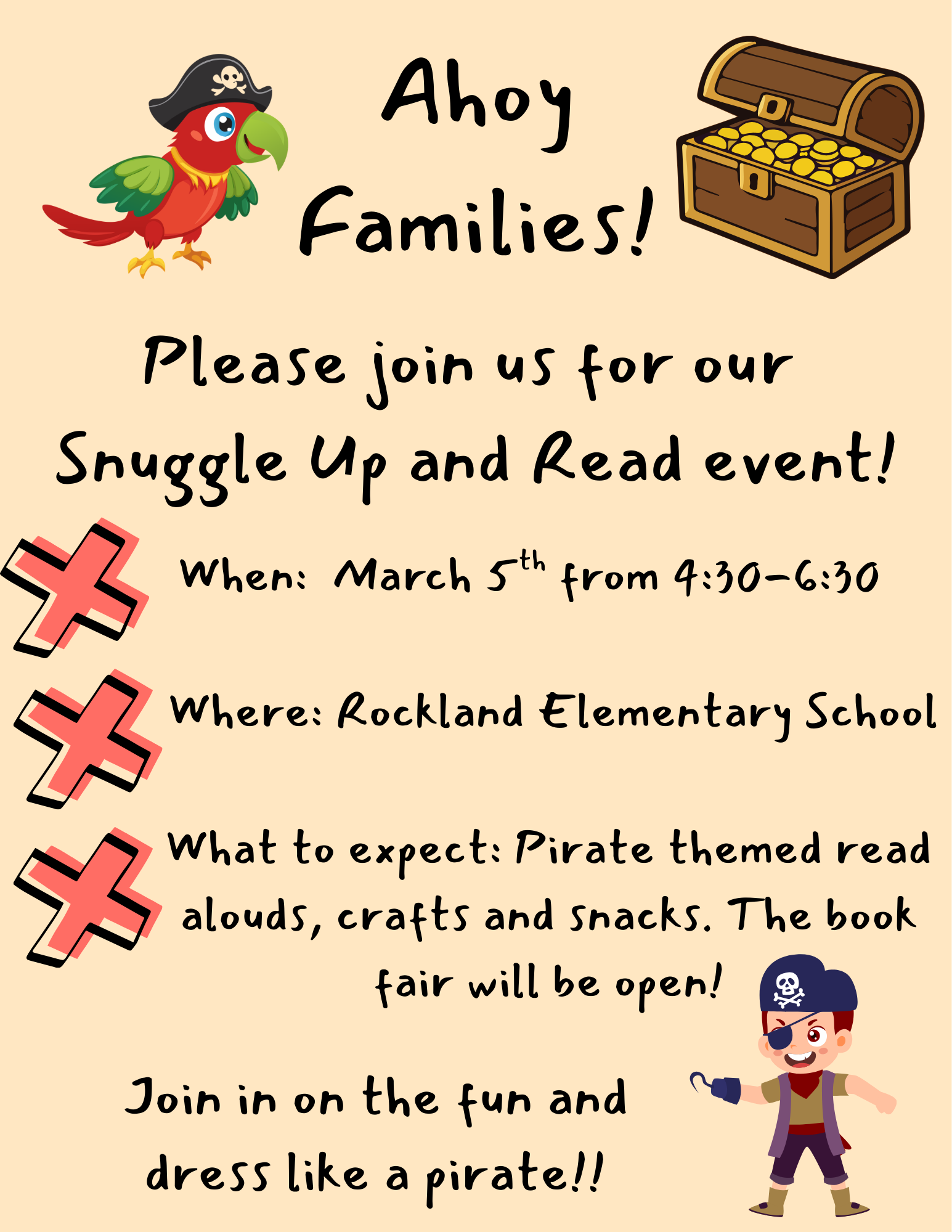 Poster for a 'Snuggle Up and Read' event with pirate theme, featuring a parrot, treasure chest, and a pirate child.