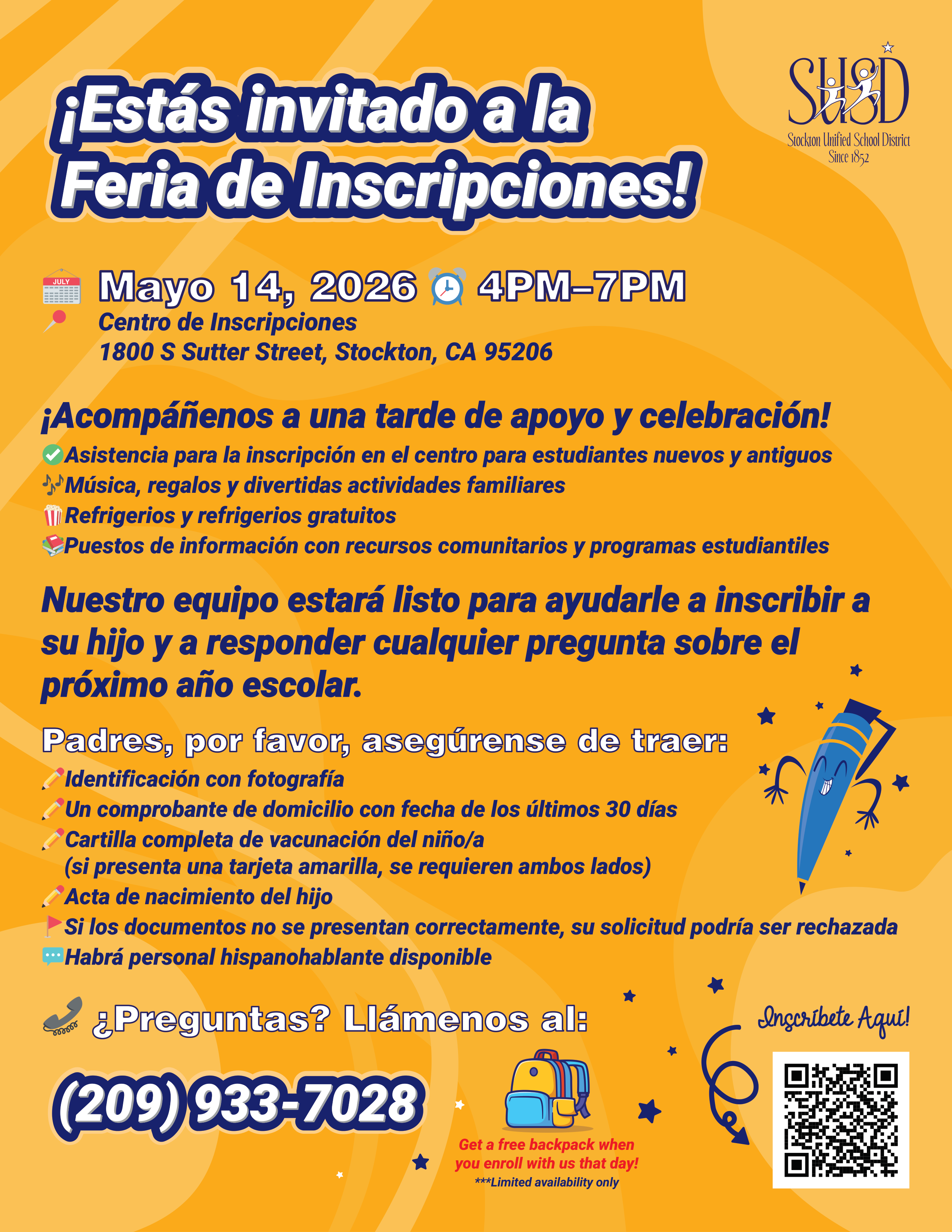 Invitation to the Stockton Unified School District Enrollment Fair on May 14, 2026, from 4 PM to 7 PM at the Enrollment Center.