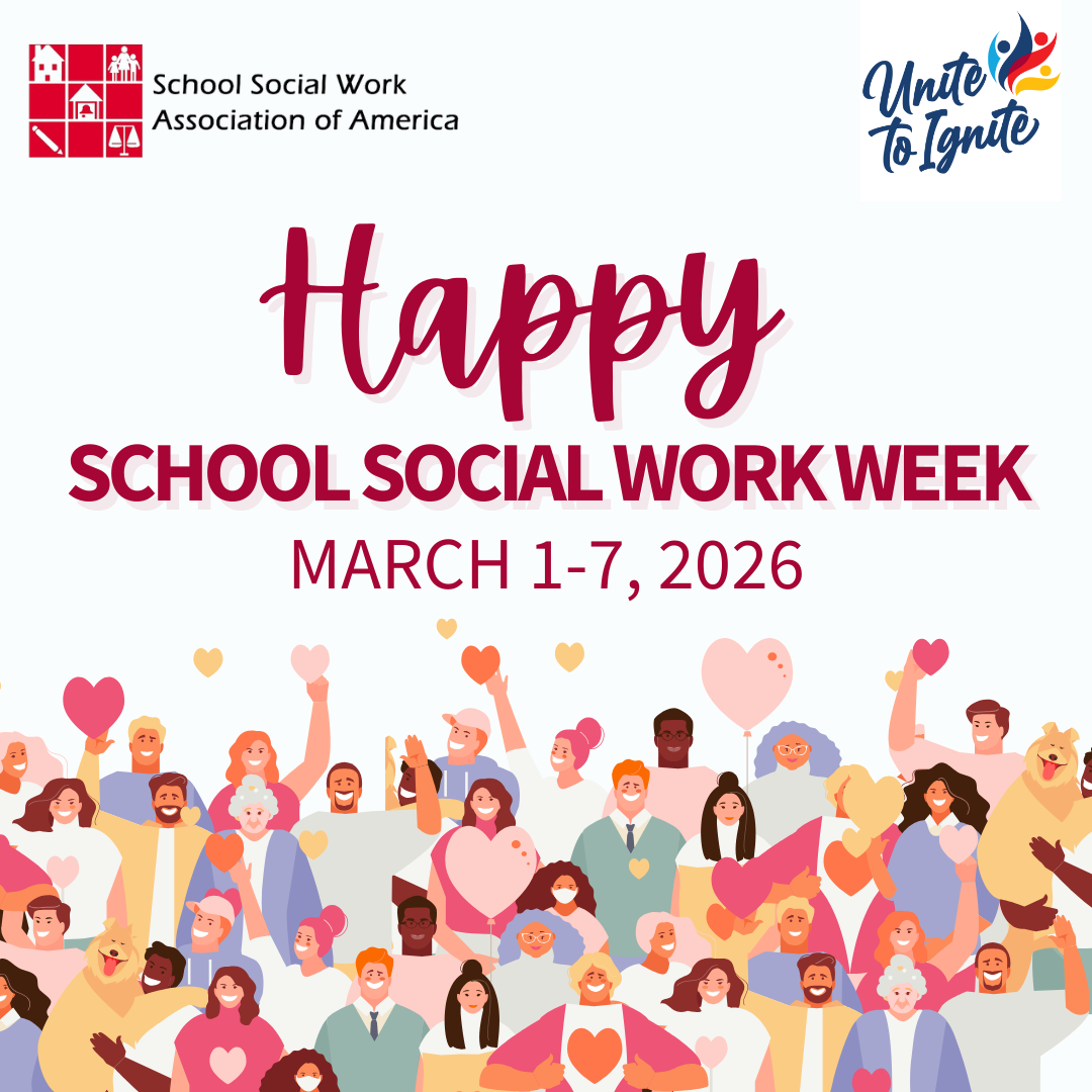 Illustration celebrating Happy School Social Work Week, March 1-7, 2026, with diverse people and hearts.