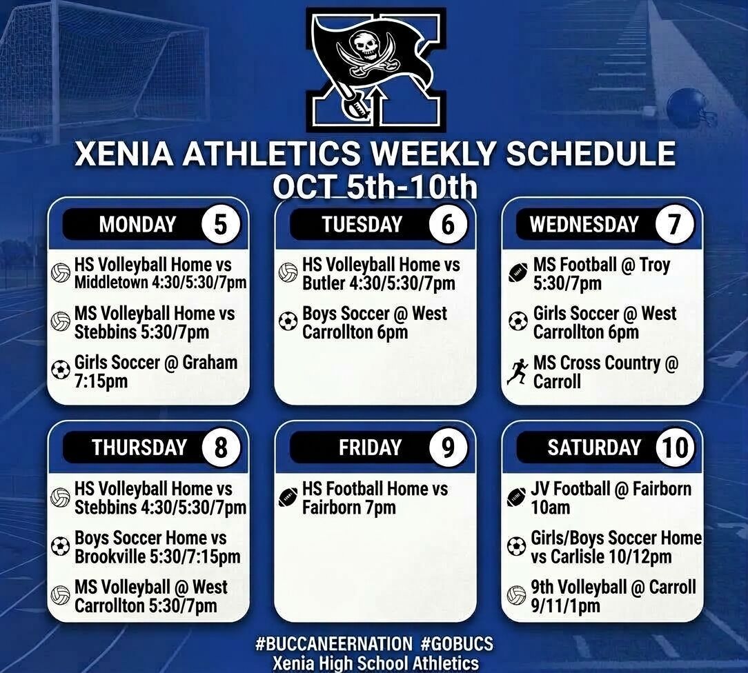 Xenia Athletics Weekly Schedule Oct. 5-10