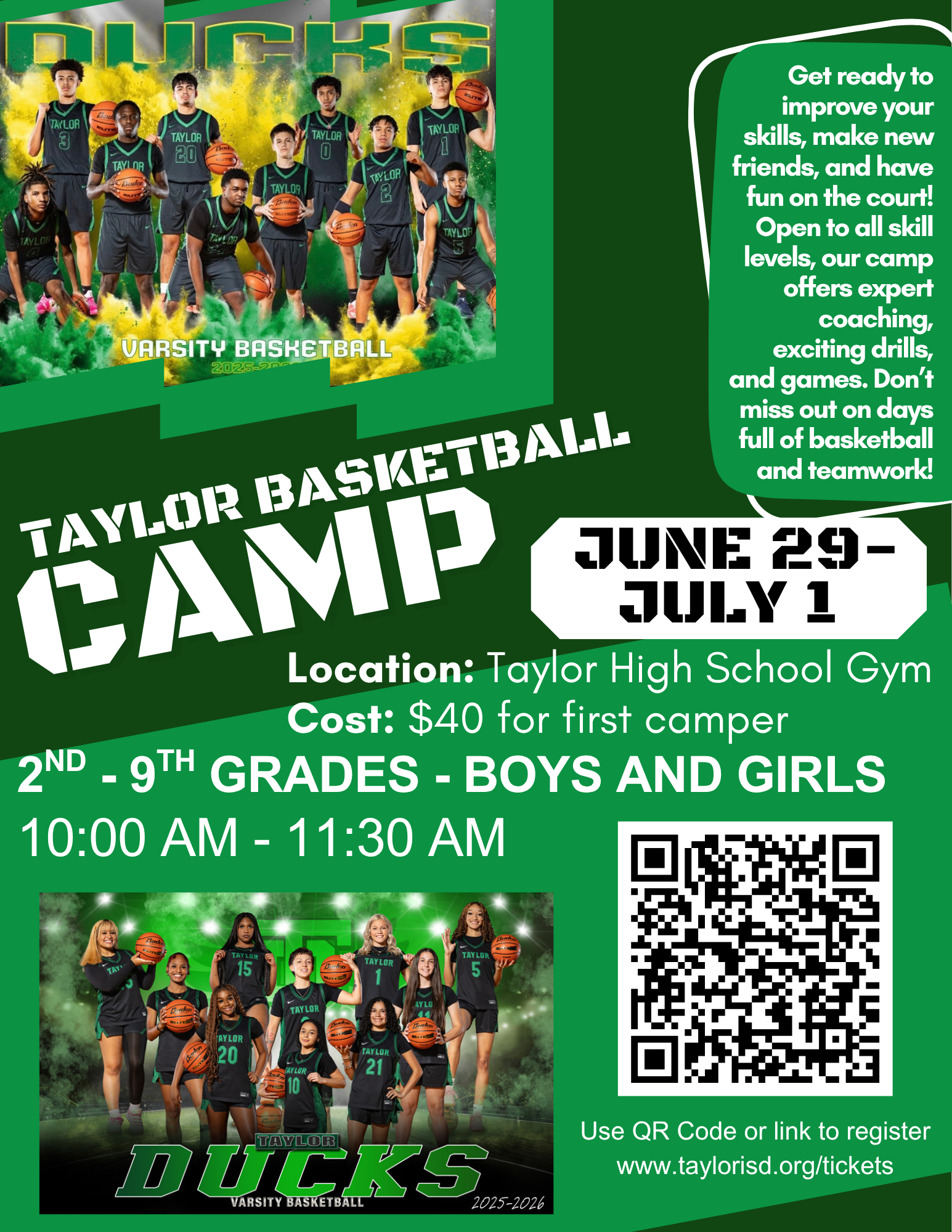 Poster for Taylor Basketball Camp featuring boys and girls teams, dates June 29-July 1, and registration info.