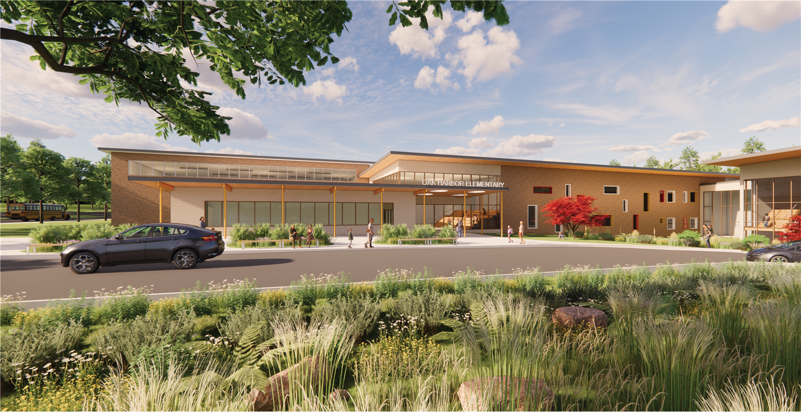 A digital rendering of the modern exterior of Oak Harbor Elementary school under a partly cloudy sky.