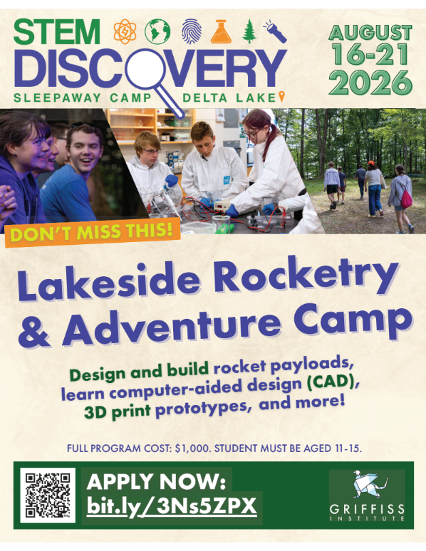 Poster for STEM Discovery Sleepaway Camp at Delta Lake, August 16-21, 2026.