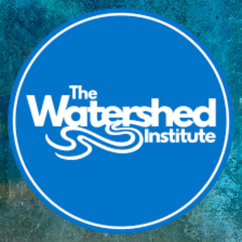 Logo for The Watershed Institute with white text on a blue circle.