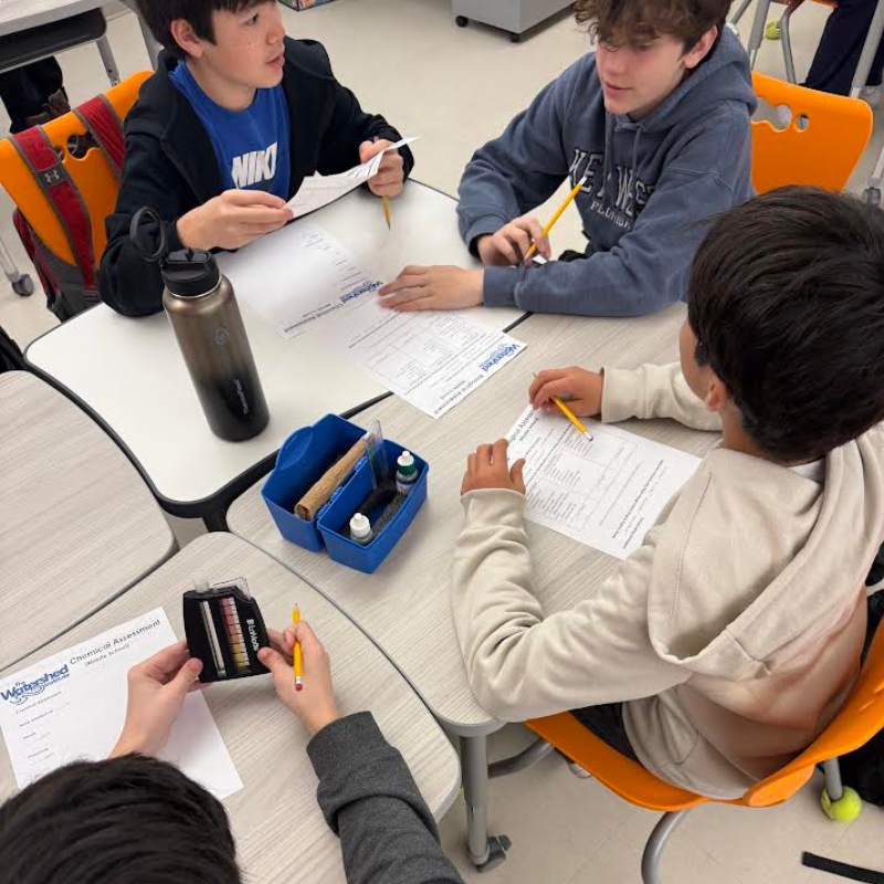 Students collaborate around a table, working on a science experiment with test strips and worksheets.