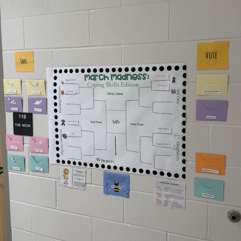 A "March Madness: Coping Skills Edition" tournament bracket is displayed on a brick wall with colorful envelopes.