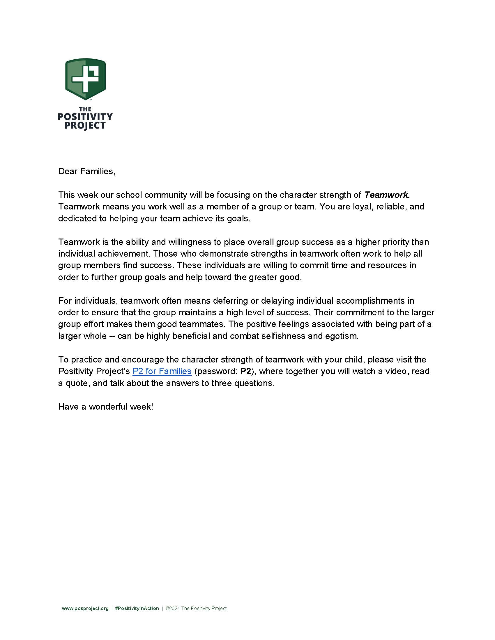 A letter from The Positivity Project titled 'Dear Families,' focusing on the character strength of teamwork for the week.