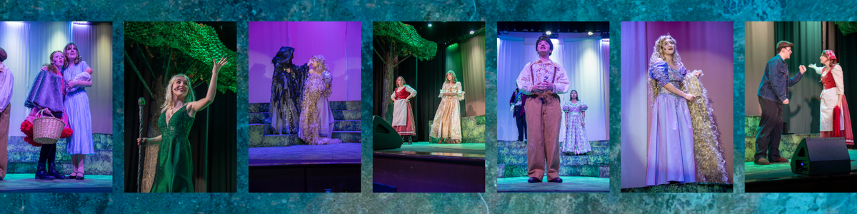 A theatrical scene with actors in elaborate costumes on a stage with colorful lighting.