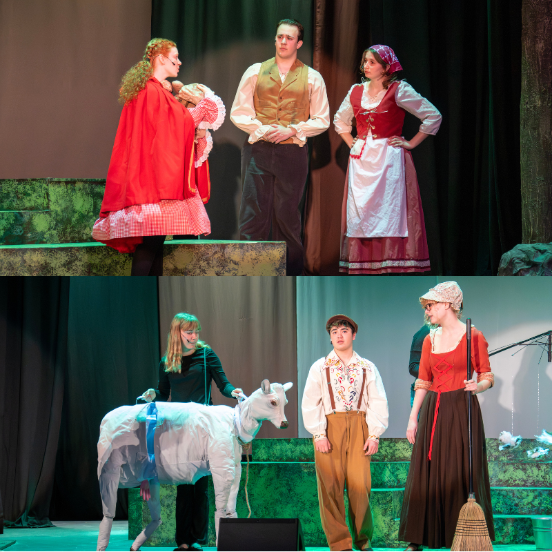 Actors in costume perform on a stage, with a woman in red holding a baby and two others standing nearby.