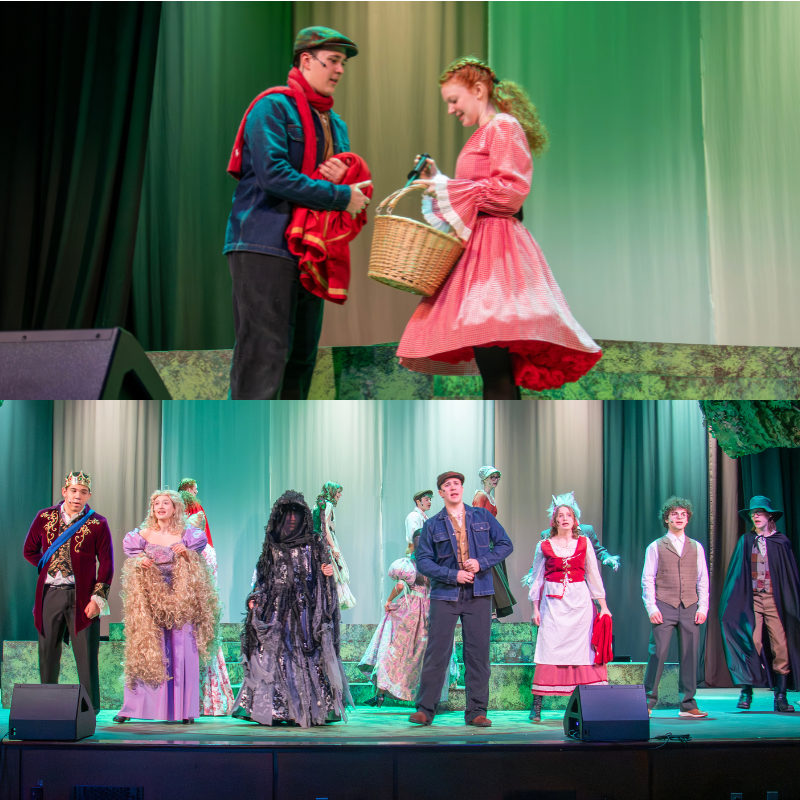 A theatrical scene with actors in costume on a stage, featuring a couple in the upper portion and a group of performers below.