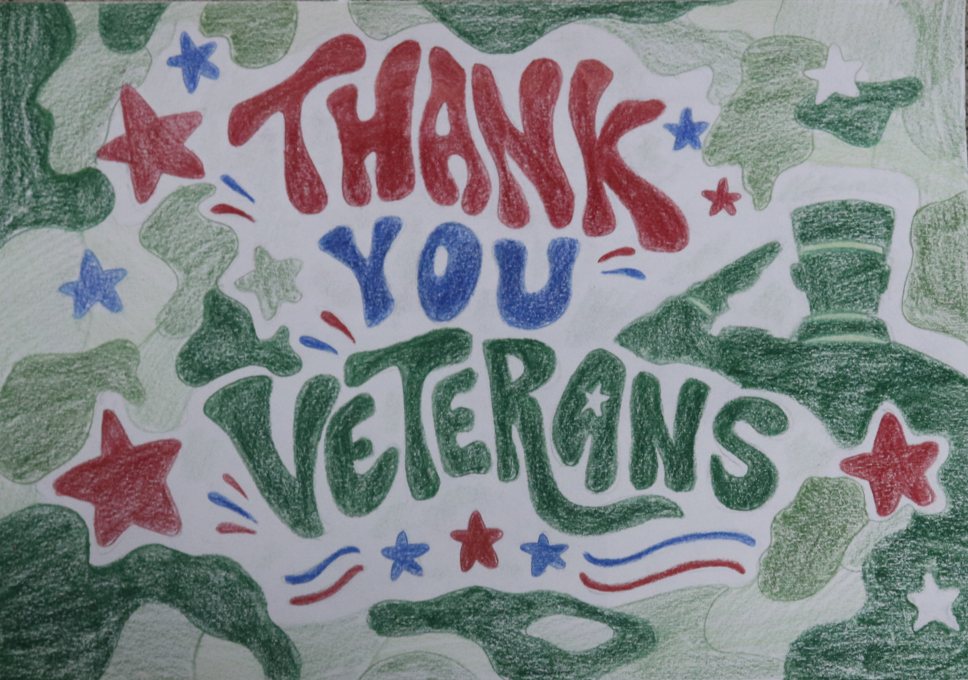 A colored pencil drawing with the text "THANK YOU VETERANS" surrounded by stars and camouflage patterns.