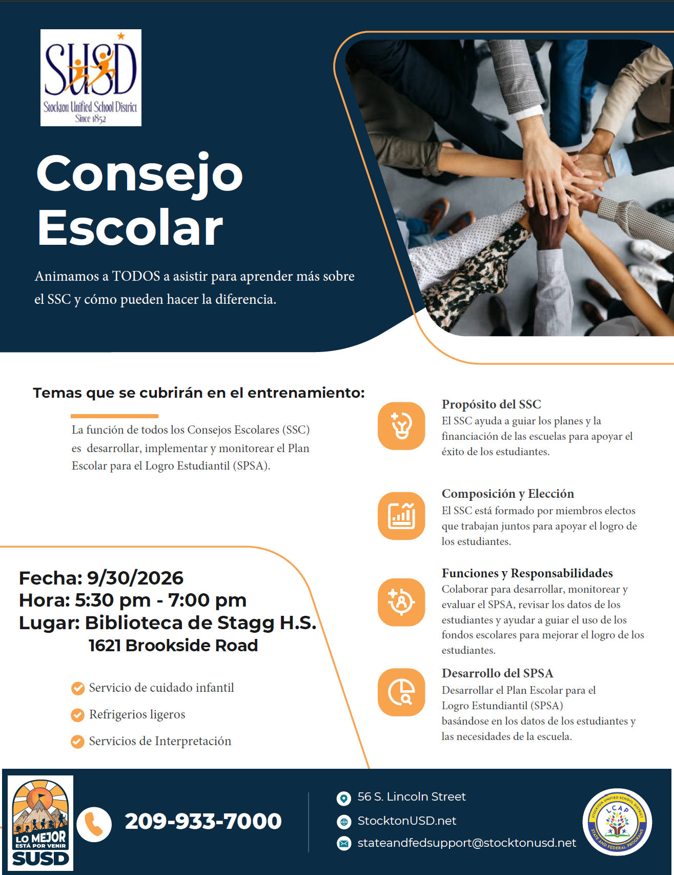 Poster for a 'Consejo Escolar' (School Council) training event by Stockton Unified School District, featuring a diverse group of hands clasped together.