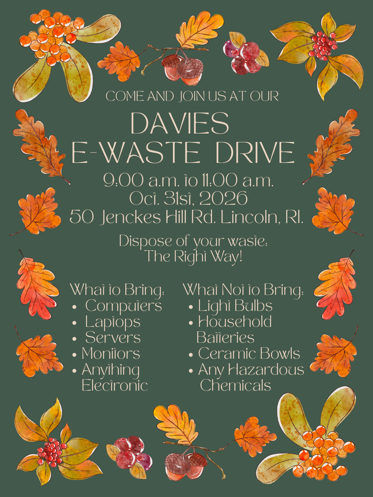 E-Waste Drive at Davies on Saturday, October 31st, 2026