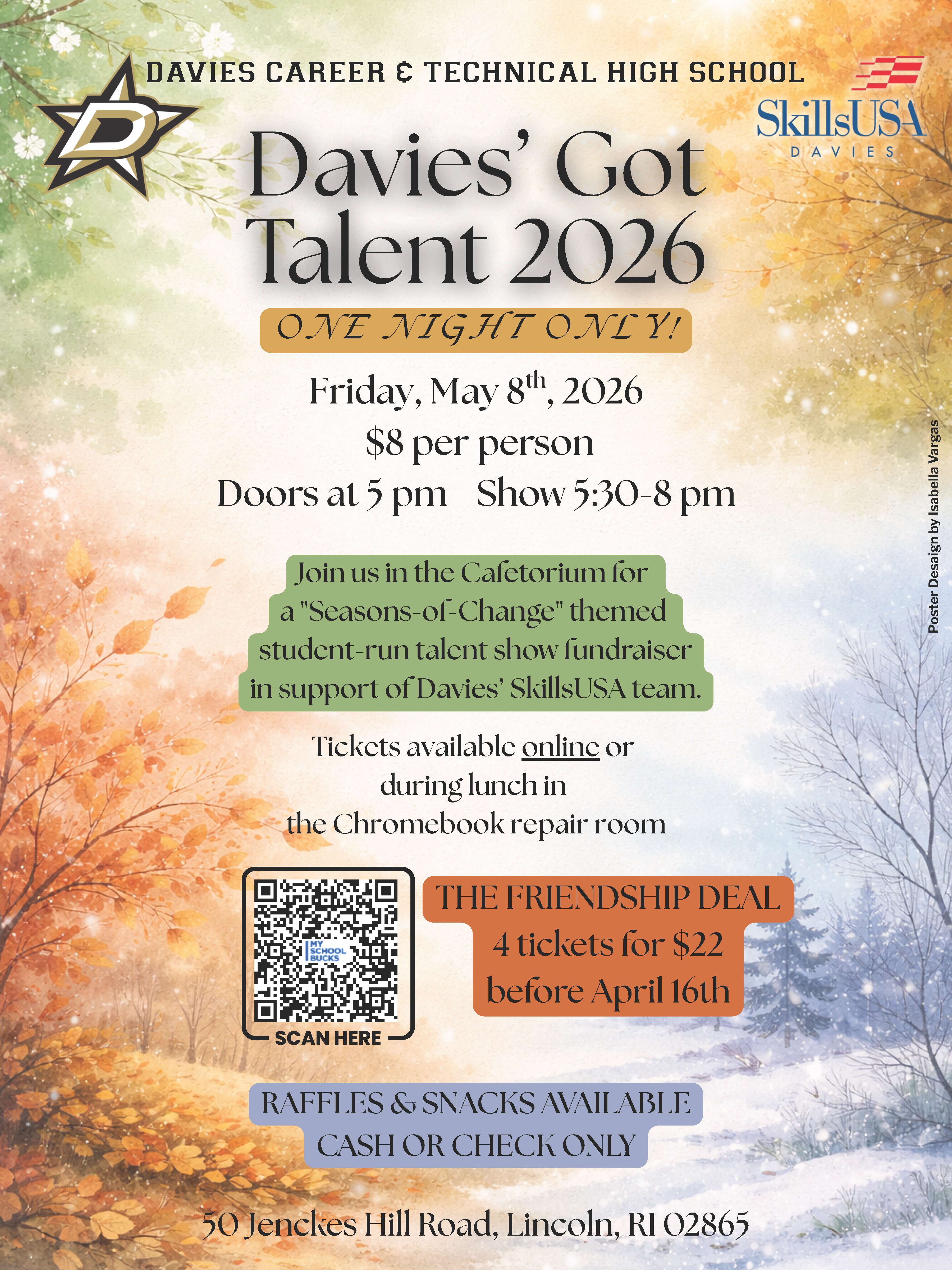 Poster for Davies' Got Talent 2026, a student-run talent show fundraiser on Friday, May 8th, 2026.