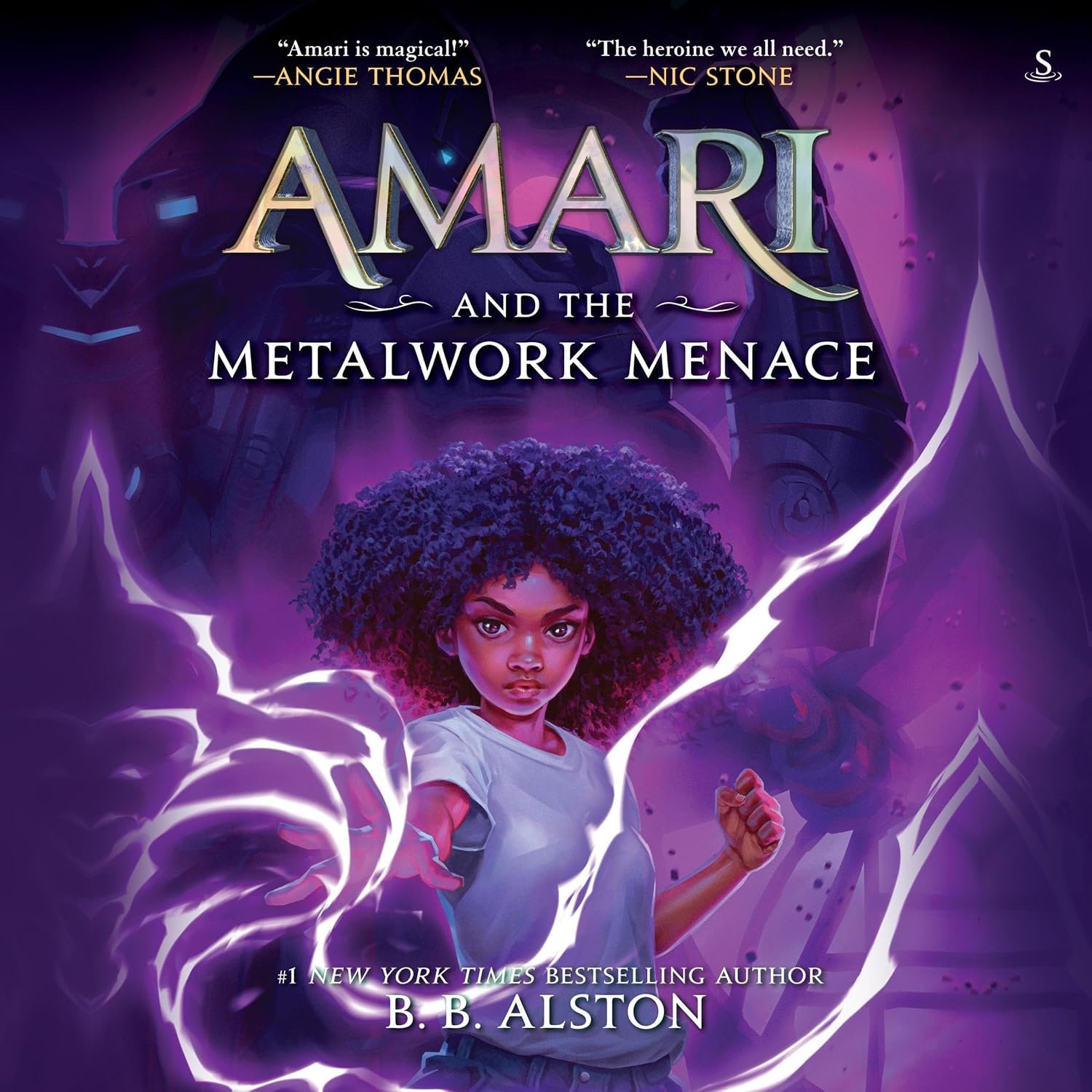 Book cover for "Amari and the Metalwork Menace" featuring a young Black girl with magical purple energy.