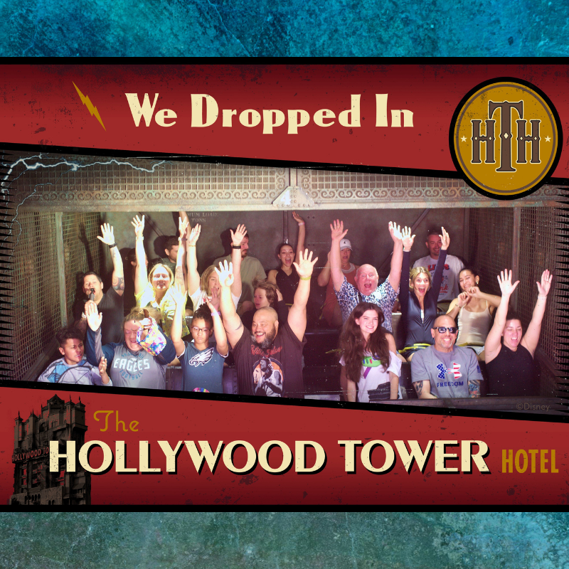 A group of people with raised hands ride the Tower of Terror at The Hollywood Tower Hotel.