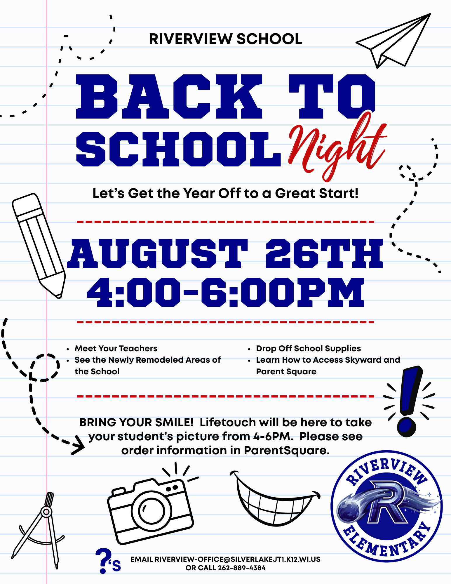 Riverview School's Back to School Night is on August 26th from 4-6 PM, featuring teacher meetings and school tours.