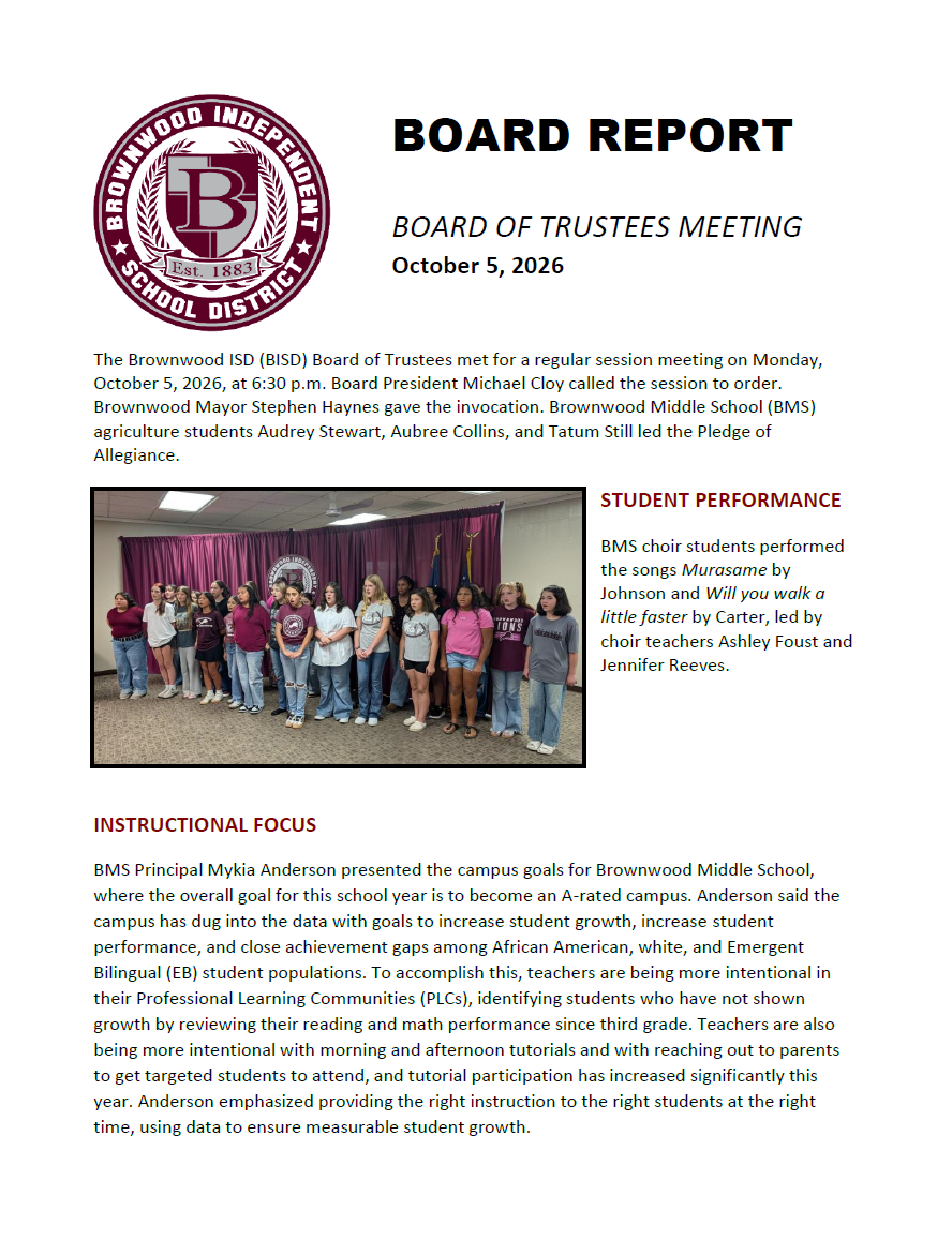 BISD Board of Trustees Meeting Report (10-05-2026)