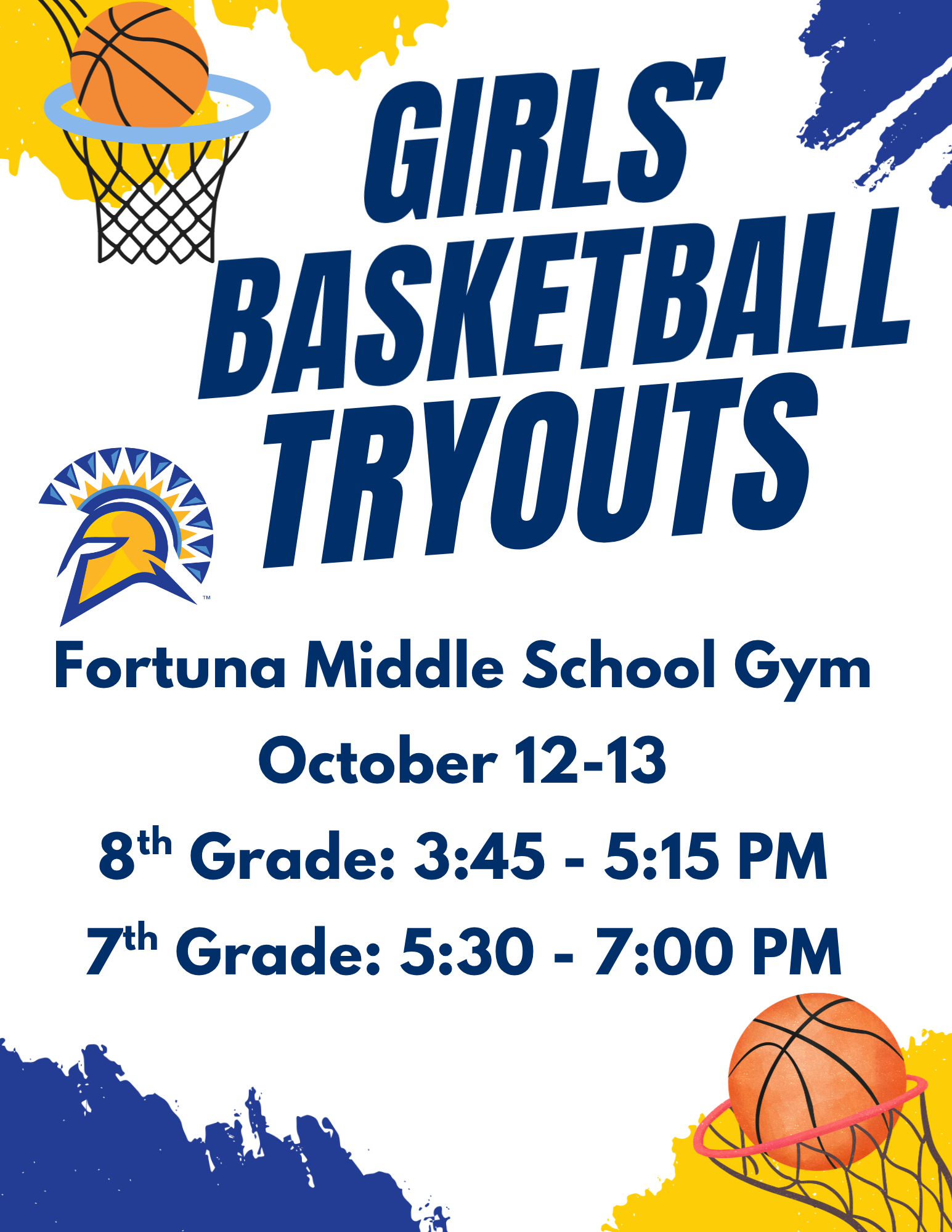 Girls' Basketball Tryouts - October 12-13 🏀- Sign up in the Office