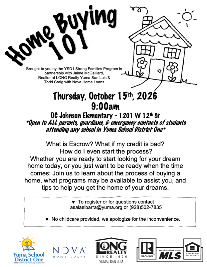 A flyer for 'Home Buying 101' seminar on October 15, 2026, at OC Johnson Elementary, featuring a hand-drawn house graphic.
