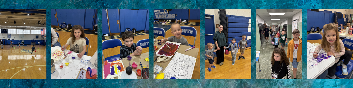 Children engaged in art activities, painting and coloring in a school gymnasium.