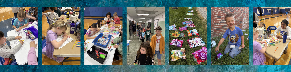 Children engage in various art activities, including coloring, crafting, and tie-dyeing, in different indoor and outdoor settings.