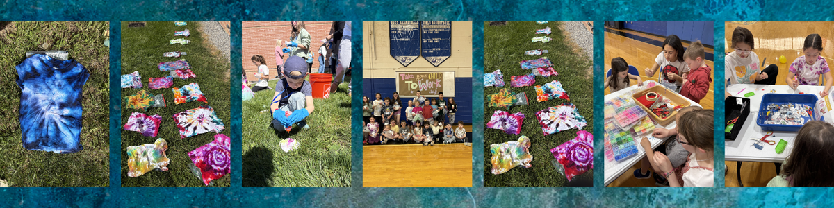 A collection of colorful tie-dye shirts and fabric pieces laid out on green grass.