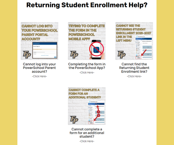 A graphic titled 'Returning Student Enrollment Help?' displays four common issues with solutions.