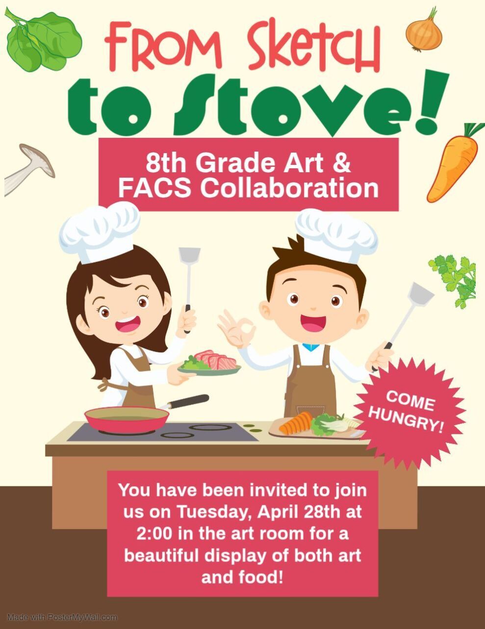 Illustration of two children in chef hats cooking, with text 'FROM Sketch to Stove!' and event details.