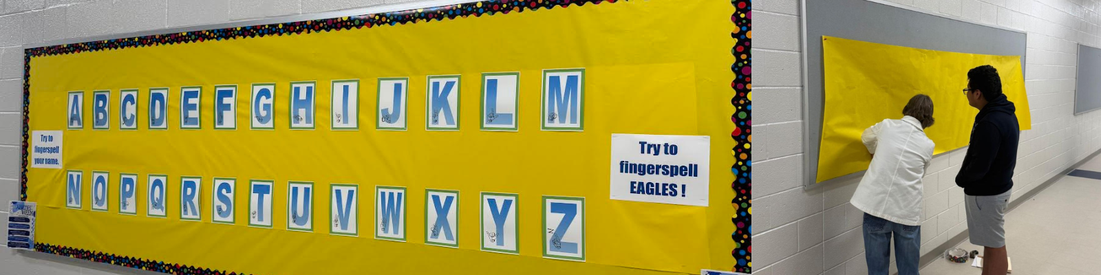 A bright yellow bulletin board displays the alphabet with letters A-Z, each in a blue frame with a small illustration.