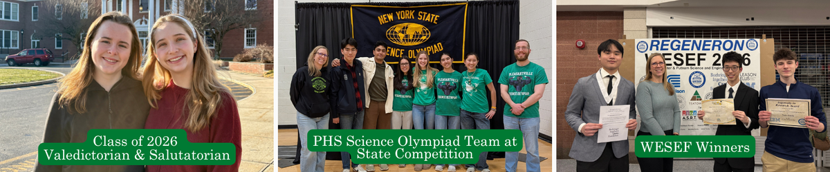 Two smiling young women stand outside a building, identified as Class of 2026 Valedictorian & Salutatorian. Group photos of the PHS Science Olympiad team at the State Competition and Science Research students who won awards at WESEF.