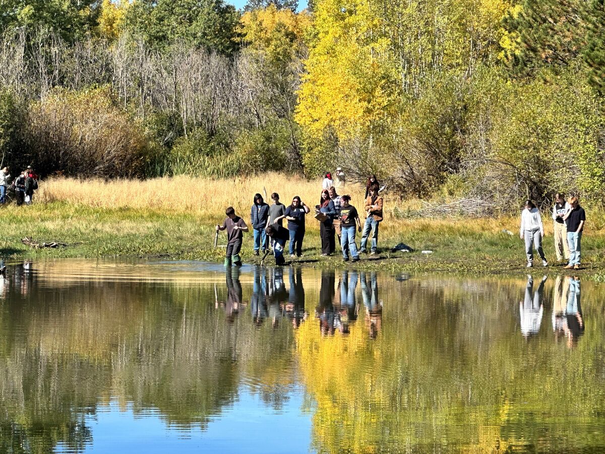A group of people gathers along the grassy edge of a calm lake on a sunny autumn day.
