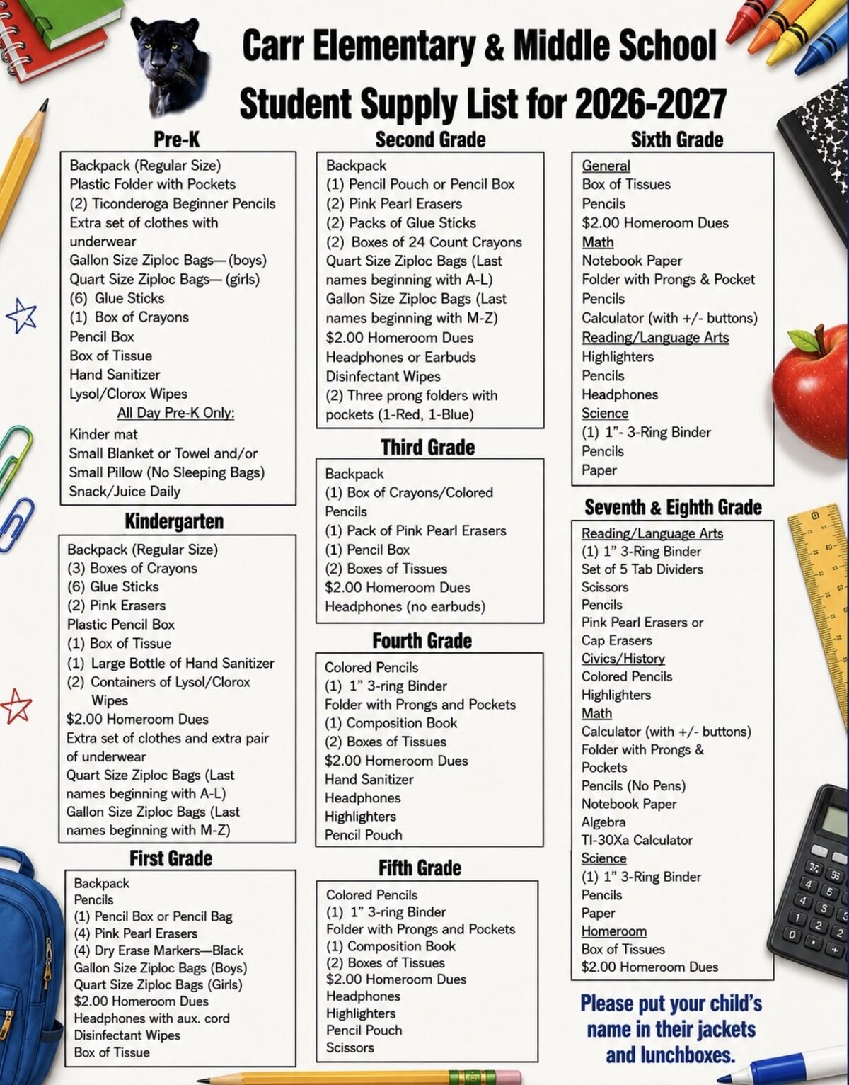 2026-2027 -Carr School -  Classroom Supply List 
