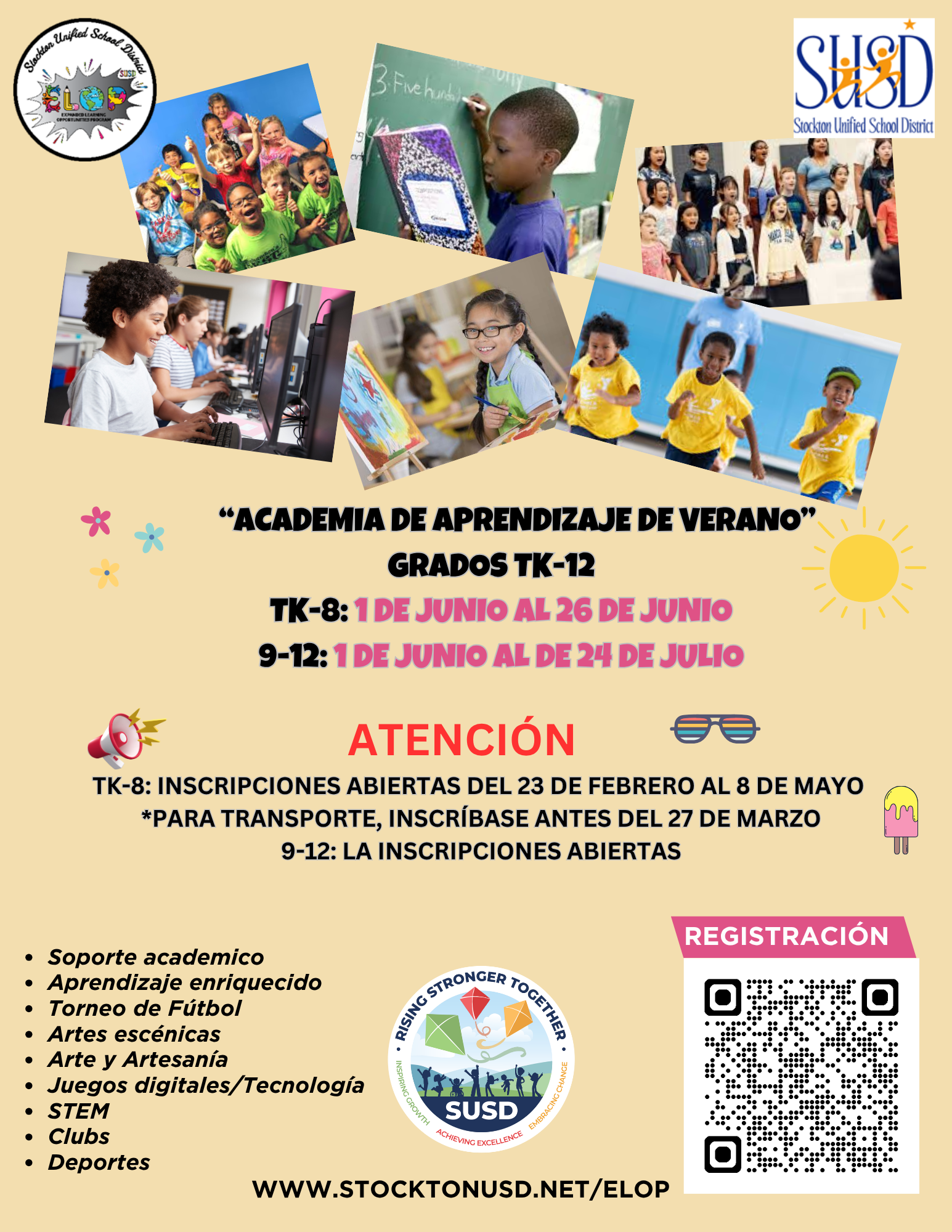 A collage of images showcasing children engaged in various summer learning activities, including art, computers, and sports, with Spanish text announcing "Academia de Aprendizaje de Verano".