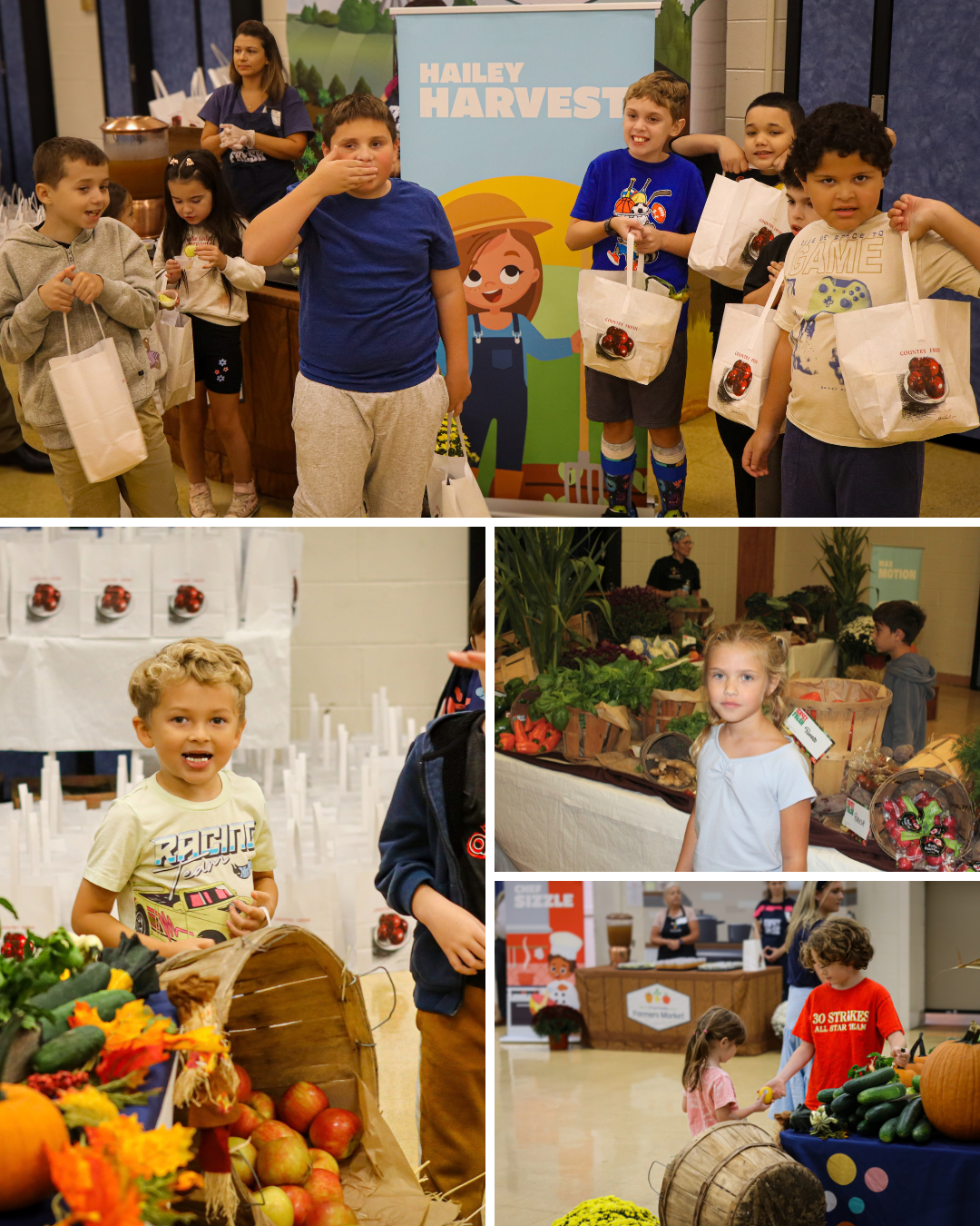 A group of children happily hold reusable bags in front of a 'Hailey Harvest' banner at a community event.