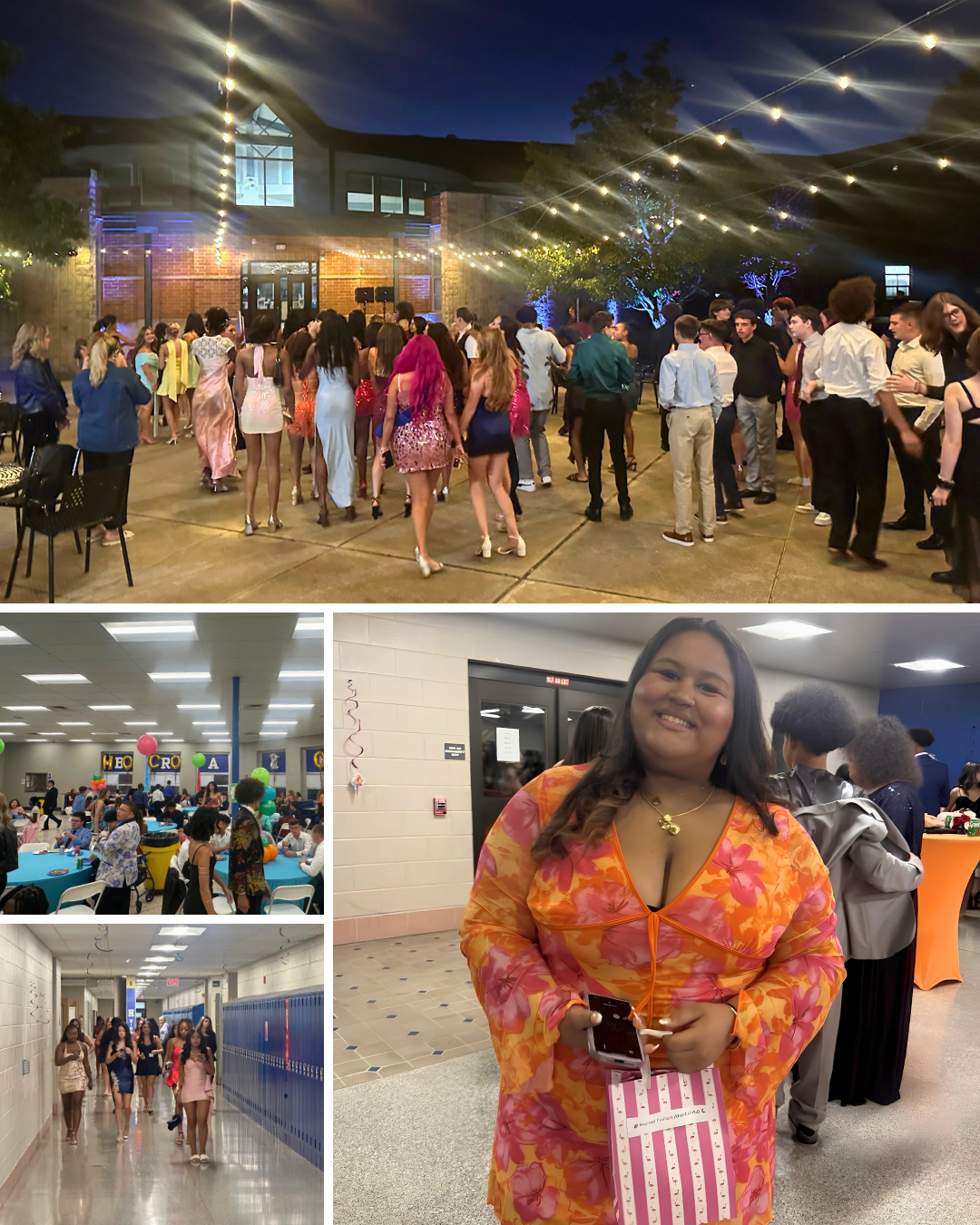 A collage shows students enjoying a school dance outdoors under string lights and indoors in a decorated cafeteria and hallway.