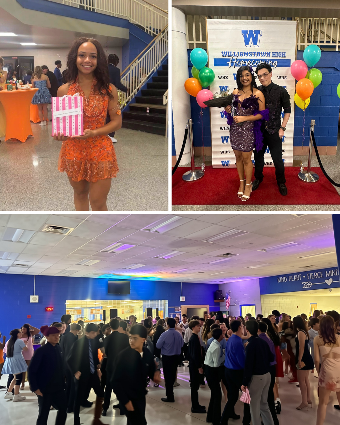 A collage of a high school homecoming event, showing a smiling student with a pink box, a couple posing before a backdrop, and a crowded school gym.