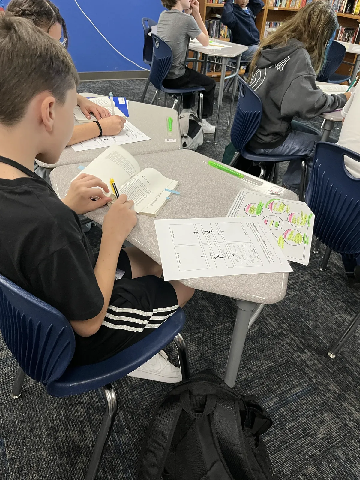 Students sit at desks in a classroom, reading books and working on assignments.