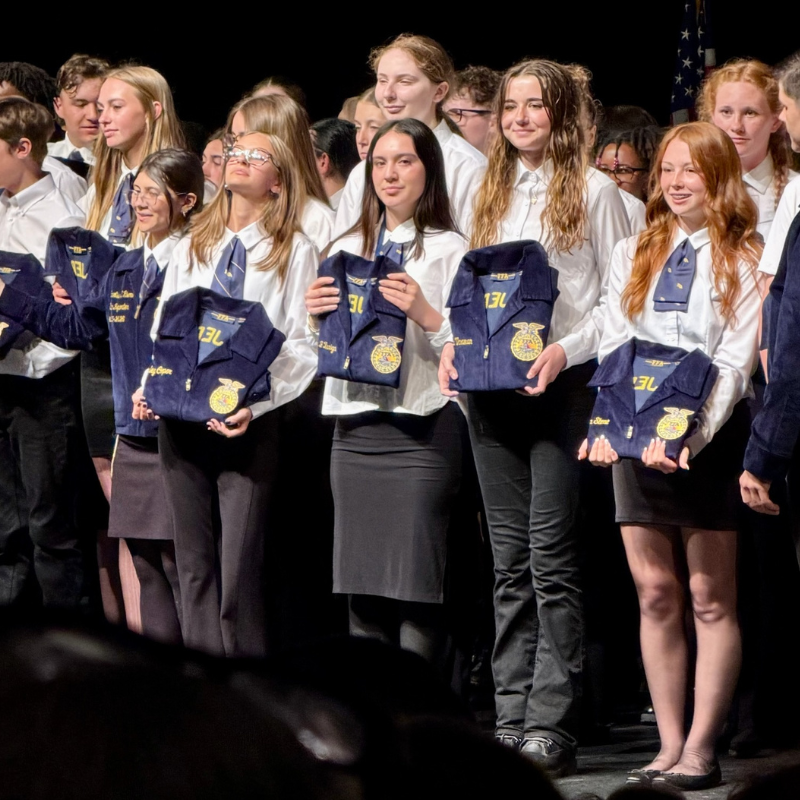 A group of young people in white shirts and ties hold up navy blue jackets with yellow emblems.