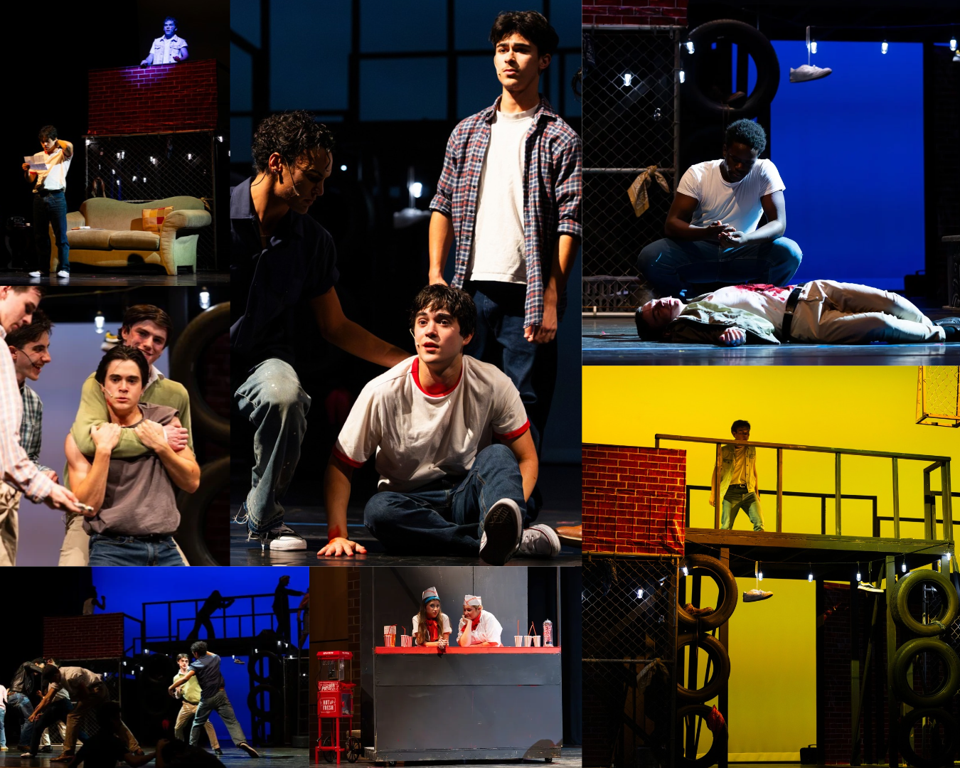 A collage of scenes from a stage musical featuring diverse actors in various dramatic poses and settings.